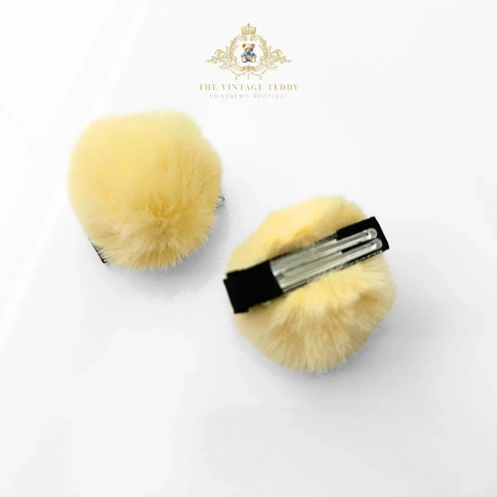 Cute Girls Pom Pom Hair Clips Boutique Hair Accessories for Girl Faux Fur Yellow - Picture 3 of 3